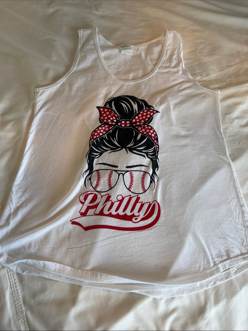 Port and Company White Tank with Red Philly Graphic and Black Hair Design